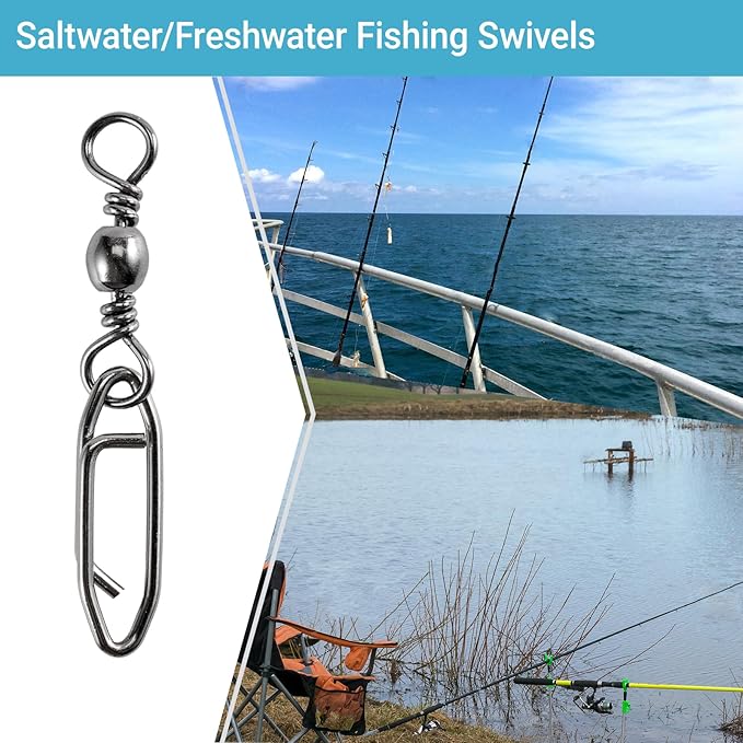 QISHUO High Strength Fishing Swivels Stainless Clips Steel Snap Swivels Barrel Connector Saltwater Swivel Fishing Rolling Black Nickel