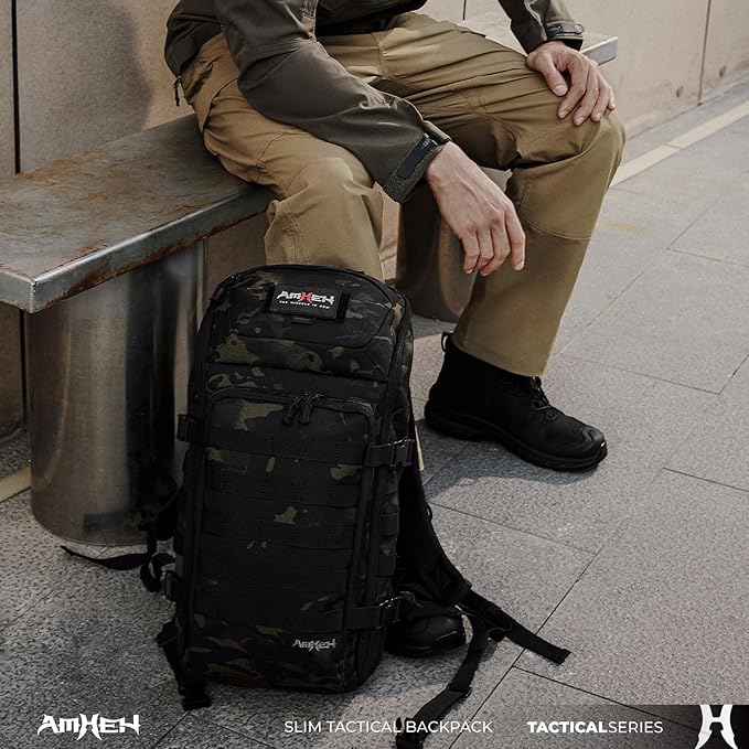 Tactical Backpack Military Slim Army Bag Molle Daypack 20L Outdoors Hiking Camping Travel EDC Pack with Multiple Pockets Waterproof for Men (Black Camo)