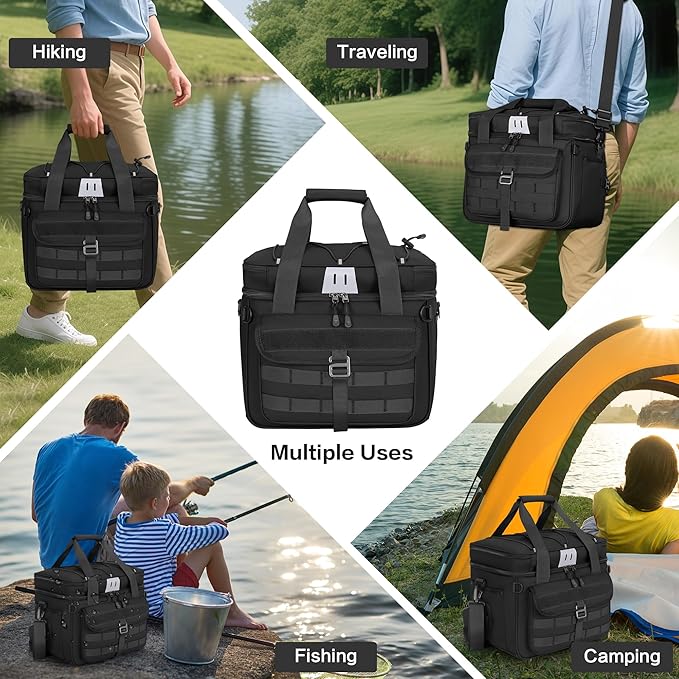 30L Large Fishing Tackle Bag, Waterproof Tackle Box Bag for Saltwater & Freshwater Fishing, Gear and Equipment Storage, Padded Shoulder Strap, Gift for Men, Black