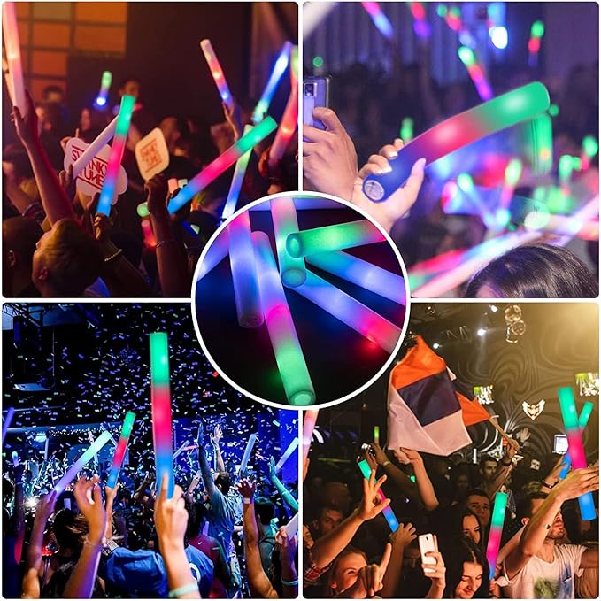 100PCS LED Foam Sticks, Foam Light Up Sticks with 3 Modes Colorful Flashing, Glow in Dark Party Supplies, Glow Stick Bulk Party Pack for Wedding, Raves, Concert, Camping, Sporting Events, Pool