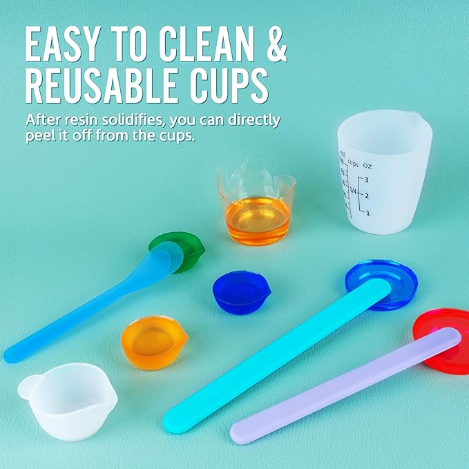 Silicone Resin Mixing Measuring Cups for Resin Supplies, Easy-to-read Marks, 600ml/20oz Bowl, 250&100ml Thickened Reusable Silicone Cups for Epoxy Mixing, with Stir Sticks, Jewelry Making