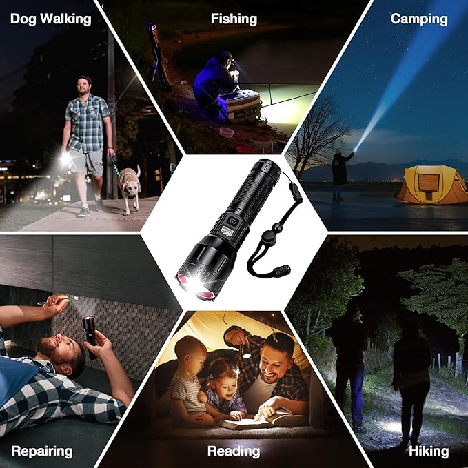 Flashlights Rechargeable High Lumens 2 Packs, 1,500,000L Super bright Handheld Tactical LED Flashlight, Rechargeable Power Flash Light with Type-C, 3 Modes, Zoomable, USB Output for Home, Camping