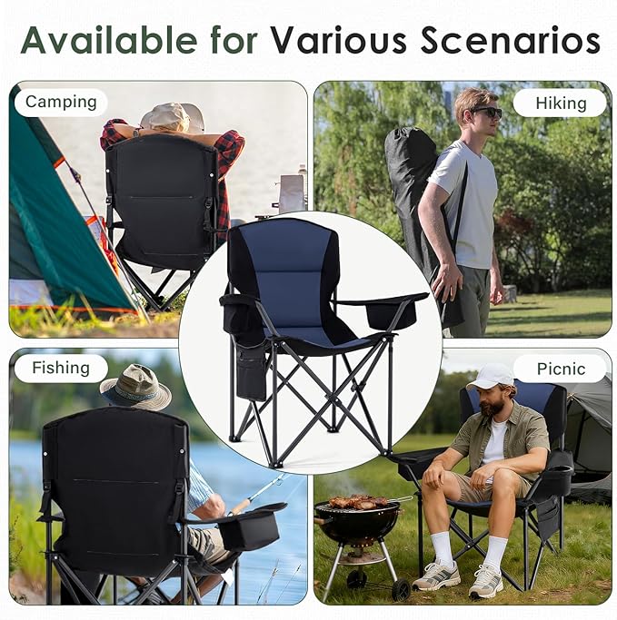 Homcosan Heated Camping Chair for Adults, Portable Outdoor Chairs with 3 Heat Levels, Oversized Foldable Lawn Chairs Without Power Bank, Perfect for Camping, Outdoor Sports, Picnics, Fishing (Blue)