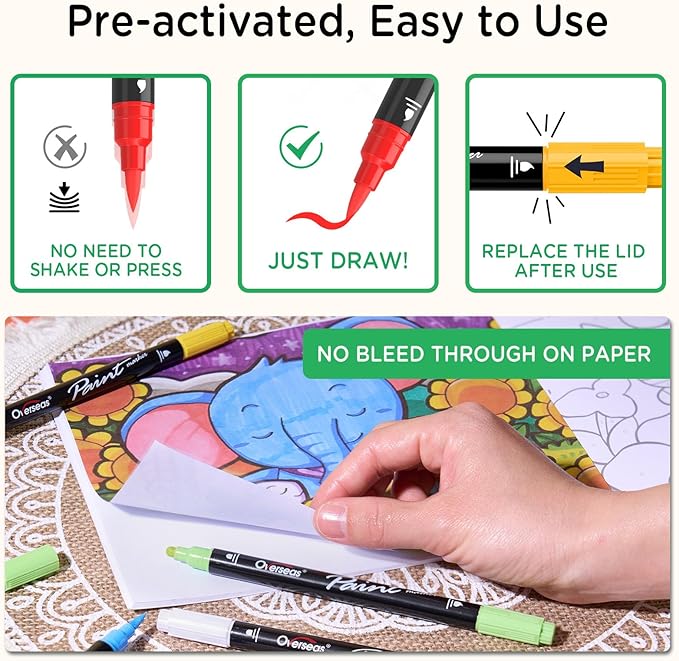 Overseas Black Acrylic Paint Markers, 6 Pack Dual Tip Paint Pens Acrylic Markers - Dot and Brush Tip Coloring Marker for Wood, Rock, Canvas, Glass, Metal, Plastic, Rubber, Fabric, School Supplies