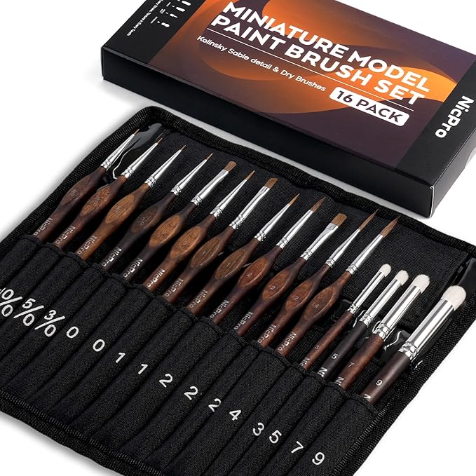 Nicpro 16 PCS Kolinsky Sable Miniature Paint Brushes Dry Brush, Professional Model Paint Brush Set with Cloth Roll, Fine Detail Artist Brush Set for Miniatures, Acrylic & Figures, Model, Watercolor
