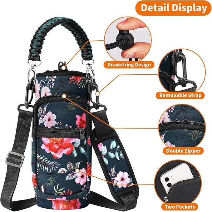 32/40/64/128 oz Neoprene Insulated Water Bottle Carrier Bag, Sling Bag Sleeve Pouch Holder with Strap & Paracord Handle and 2 Pocket for Travelling, Hiking, Camping
