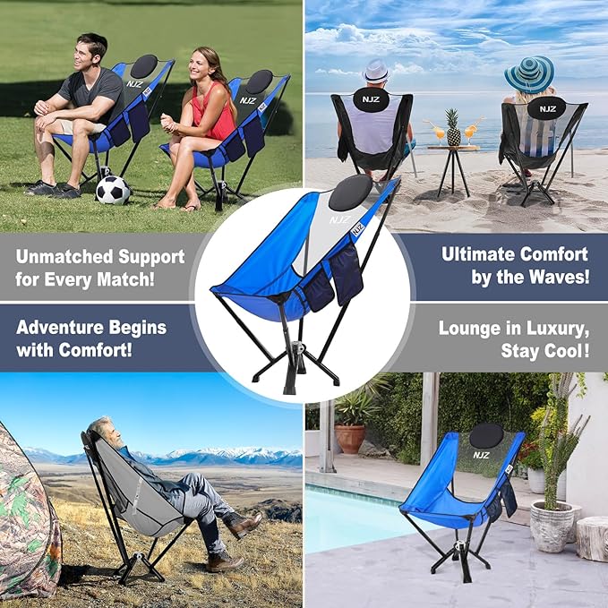 High Back Camping Chairs for Adults - 600 LBS Capacity Stable Outdoor Folding Chair with Comfortable Backrest & Headrest, Quick Setup - Portable Chair for Road Trip, Sports, Car Camping - Blue