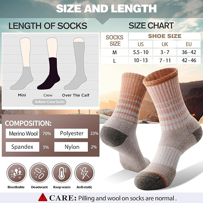 Anlisim Merino Wool Hiking Socks for Women Thermal Winter Warm Boot Work Cushion Socks 5 Pairs