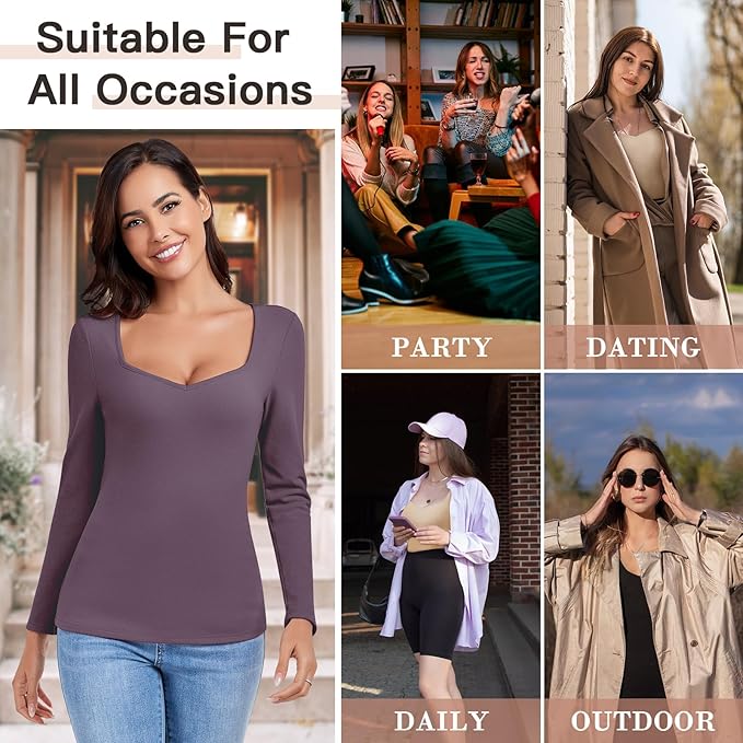 WOWENY Thermal Shirts for Women Sweetheart Fleece Lined Long Sleeve Underwear Tops Soft Warm Base Layer Cold Weather