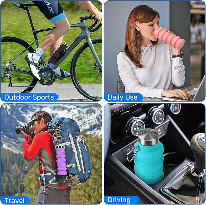 Collapsible Water Bottle, 16oz Portable Reusable Silicone Water Bottle, BPA-Free Leak-Proof Foldable Design with Carabiner, Lightweight Durable for Gym, Travel, Camping, Hiking, Sports-Black