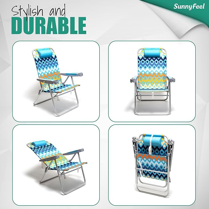SUNNYFEEL 17" Tall Oversized Beach Chairs 2 Pack for Adults Heavy Duty 300 LBS, 5 Position, Portable High Folding Camping Chair with Cup Holder for Outdoor/Lawn/Trip, Foldable Sand Chairs for Adults