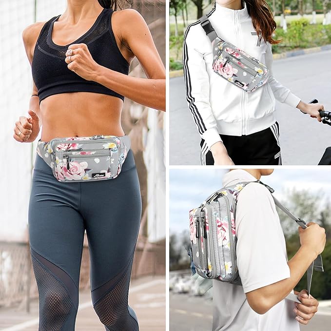 Waist Pack Bag Fanny Pack for Men&Women Hip Bum Bag with Adjustable Strap for Outdoors Workout Traveling Casual Running Hiking Cycling (New Grey Flowers)