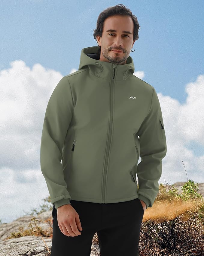 WULFUL Men's Lightweight Softshell Jacket Warm Fleece Lined Windbreaker Waterproof Soft Shell for Outdoor Hiking