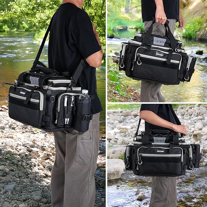 Goture Fishing Tackle Bag, Store Up to 4PCS 3700 Plus 2PCS 3600 Tackle Trays(Not Included), 600D Soft Side Gear Fishing Bag with Rod Straps,Detachable Water Bottle Pouch,Waterproof Bottom,SBS Zippers