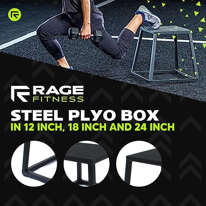 Rage Fitness Steel Plyo Box 12-18-24 Inch High Anti-Slip Pre-Assembled Plyometric Jump Box for Home Gym Conditioning and Strength Training (Sold Individually) Plyometric Platform Step