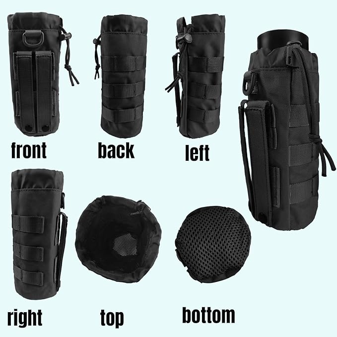 Tactical MOLLE Water Bottle Holder, Upgraded Water Bottle Pouch with Drawstring Open Top & Mesh Bottom, 16/24/25/32oz Water Bottle Carrier Bag with D-Ring Hook for Backpack