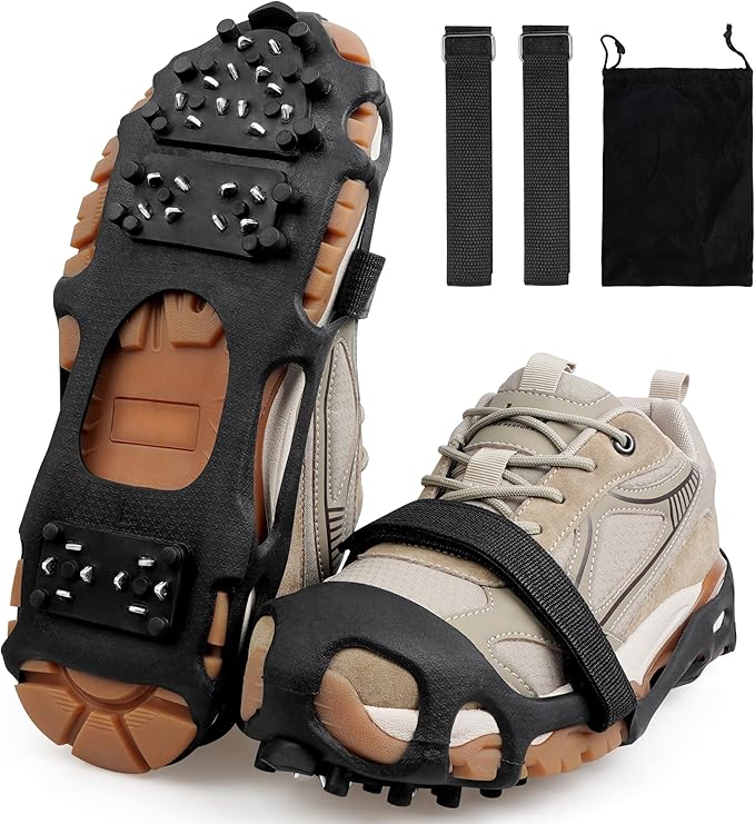 Ice Cleats Snow Traction Cleats Crampons for Shoes and Boots Men Women 28 Studs Anti Slip Shoe Grippers Overshoe Slip-on Stretch Footwear Spikes for Snow and Ice Fishing Winter Walking Hiking