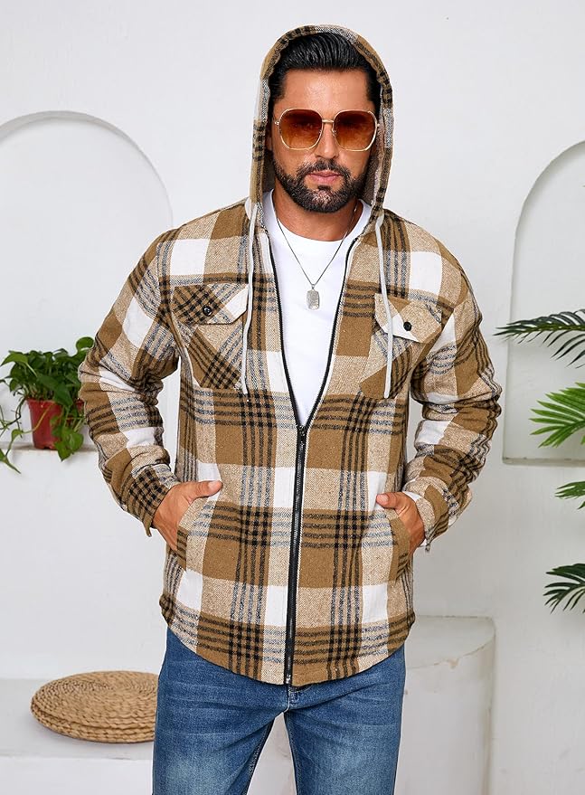Men's Zip Up Flannel Shirt Jacket Fleece Lined Long Sleeve Plaid Coat Heavyweight Hoodie with Hood