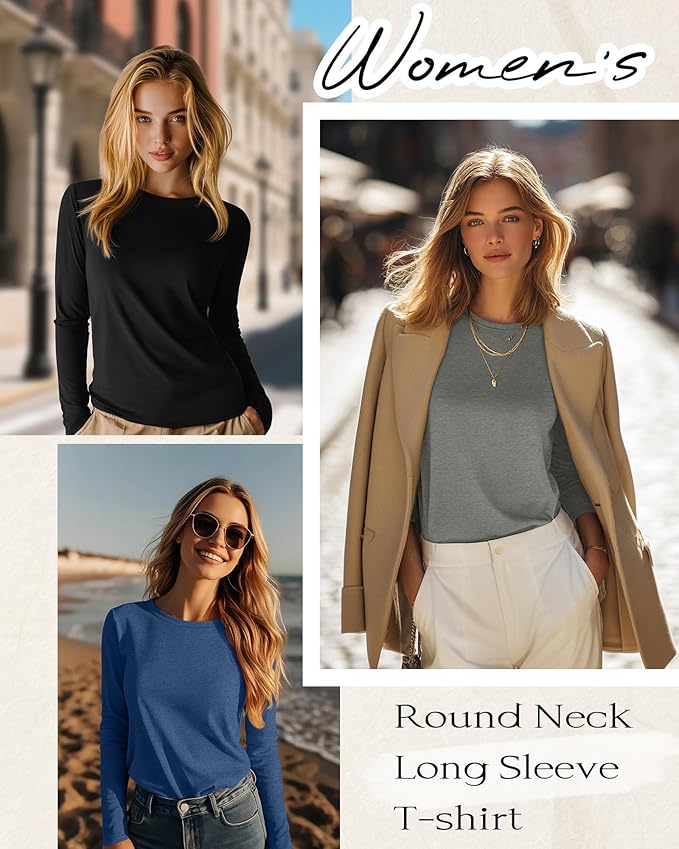 Huukeay 5 Pack Women's Crew Neck Long Sleeve Shirts, Cotton Blend Casual Clothes Workout Basic Layering Tee Tops Multipack