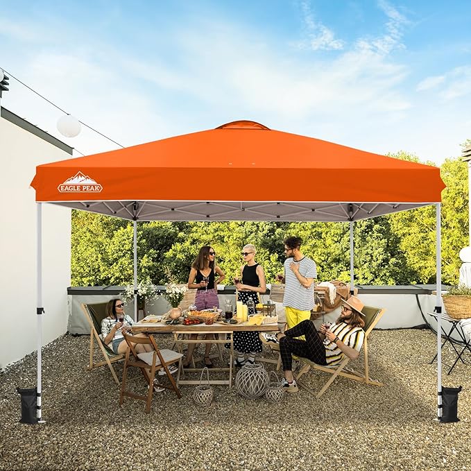 EAGLE PEAK Pop Up Canopy Tent with Wheeled Carry Bag, 8 Stakes, 4 Ropes, 4 Weight Bags, Easy Set Up Tent Canopy, 12x12 ft, 144sqft of Shade, Orange