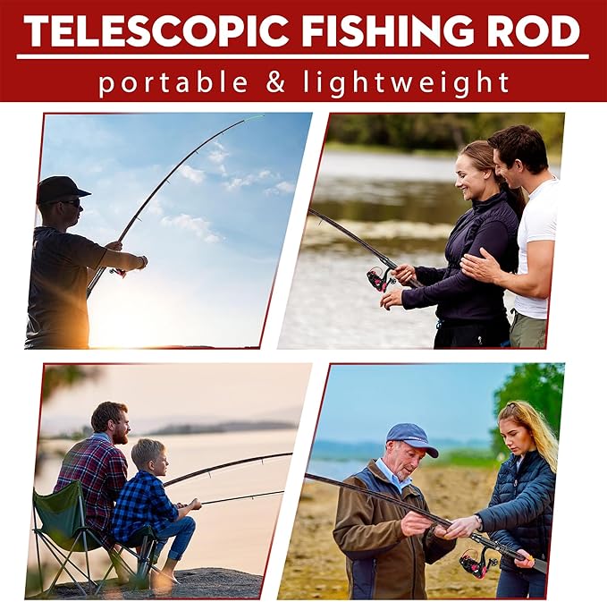 Fishing Rod and Reel Combos, Unique Design with X-Warping Painting, Carbon Fiber Telescopic Fishing Rod with Reel Combo Kit with Tackle Box, Best Gift for Fishing Beginner and Angler