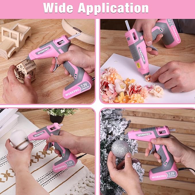 WORKPRO Pink Cordless Hot Melt Glue Gun, 7.2V Rechargeable Fast Preheating Glue Gun Kit with 20 Pc Premium Mini Glue Stick, Automatic-Power-Off Hot Glue Gun for Art, Craft, Decoration - Pink Ribbon