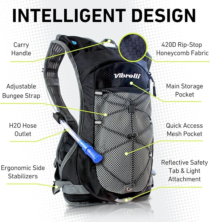 Vibrelli Hydration Backpack & 2L Hydration Bladder - High Flow Bite Valve - Hydration Pack for Cycling, Running, Hiking