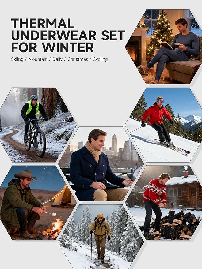 VZV Thermal Underwear for Men Fleece Lined Long Johns for Mens Thermals Top and Bottom Set Soft Base Layer for Winter