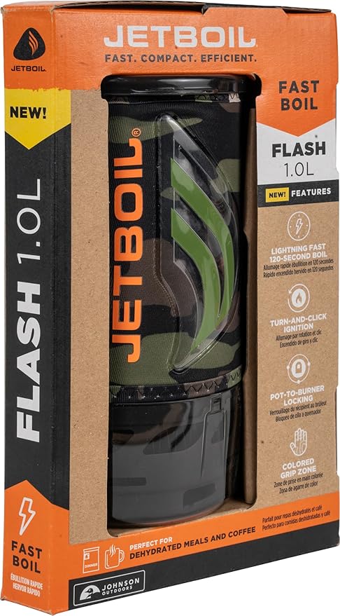 Jetboil Flash 1.0L Portable Fast Boil Stove for Camping and Backpacking with 1-Step Auto Ignition, New for 2025, Propane/Isobutane Burner with Cooking Cup