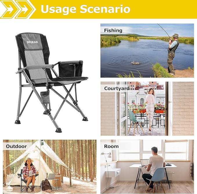 XGEAR Camping Chair with Padded Hard Armrest, Sturdy Folding Camp Chair with Cup Holder, Storage Pockets Carry Bag Included, Support to 400 lbs