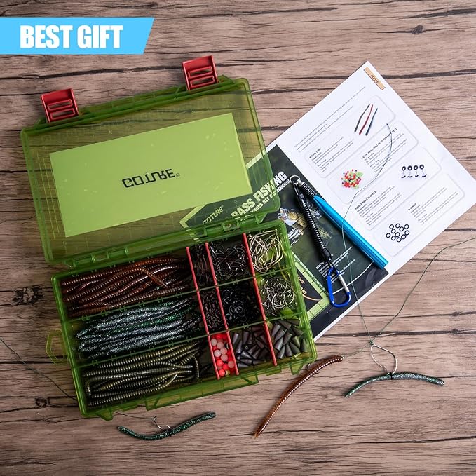 Goture 353PCS Wacky Worm Fishing Lure Kit, Bass Fishing Wacky Rig Tool Kit with Soft Plastics Lures, O-Rings, Offset Worm Hooks, Drop Shot Hooks, Beads, Sinker Weights, 3600 Tackle Box, Gifts of Men