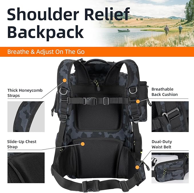 Ghosthorn Fishing Tackle Backpack with 4 3600 Tackle Boxes Rod Holder Outdoor 43L Large Bag with Detachable Wasit Bag Storage Gear and Equipment Waterproof