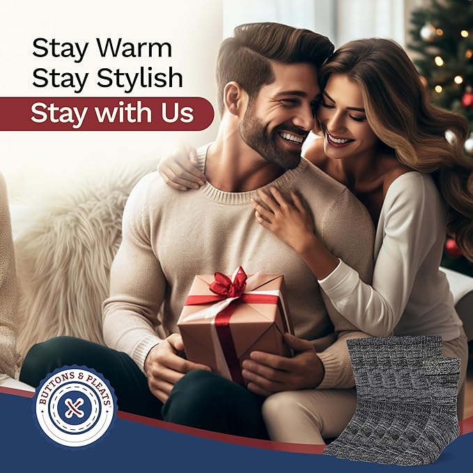 Buttons & Pleats Wool Socks for Men & Women Merino Thermal Warm Cozy Winter Boot Sock