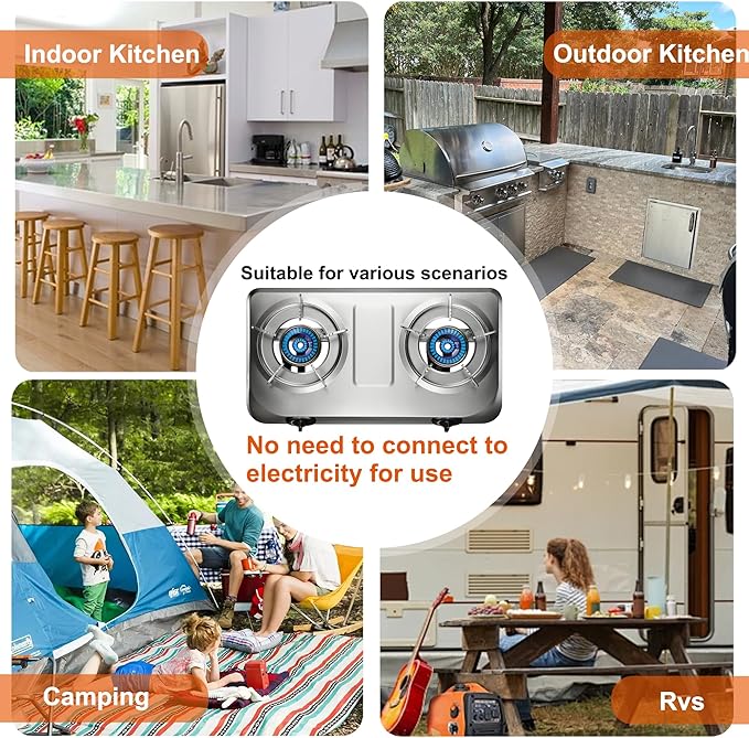 Propane Stove 2 Burner Gas Stove Top, 27200 BTU High-Efficiency LPG Metal Cooktop With Auto Ignition, CSA Regulator and Hose, Perfect for Outdoor Kitchen, Camping, RV & Emergency Cooking