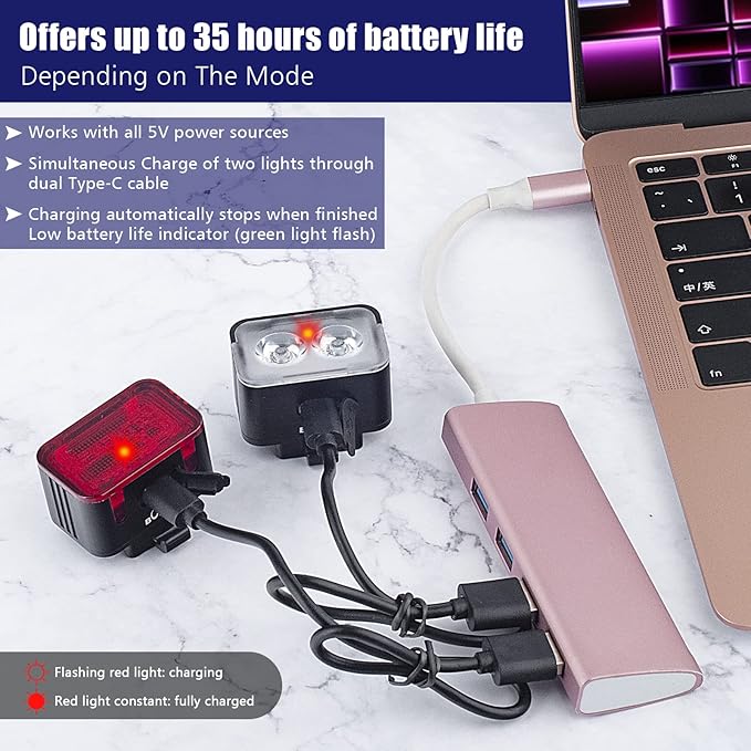 Powerful Rechargeable Bike Light Set - Smart Multi-Modes Ultra Bright Bicycle Front and Rear Lights with Spot & Flood Beams, Waterproof Headlight Taillight Set for Mountain, Road, Kids & City Bicycles