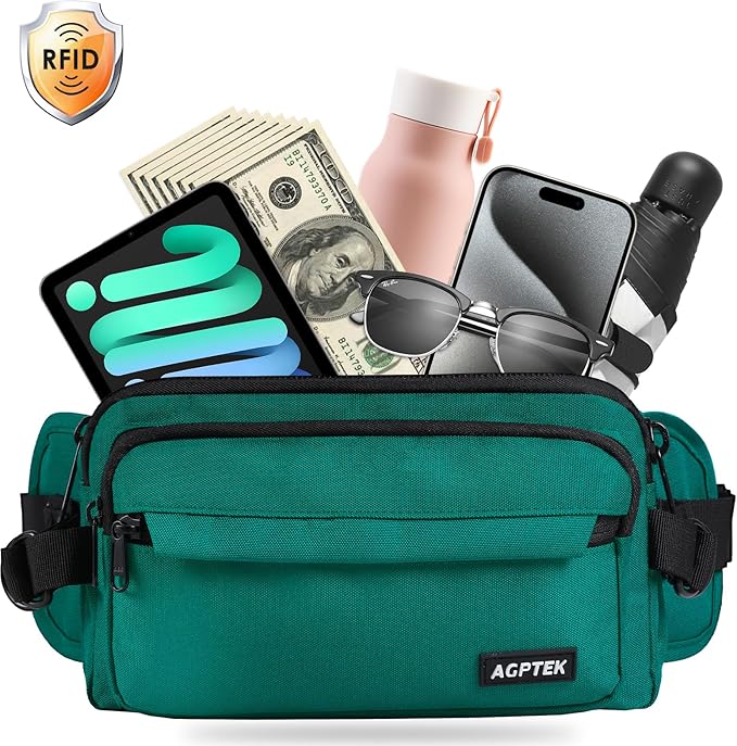 AGPTEK Fanny Pack for Women Men, RFID Large Capacity Waist Wallet Bag, Adjustable & Waterproof Bum Belt Pouch for Travel, Running, Shopping, Hiking, Dog Walking, Cycling, Climbing