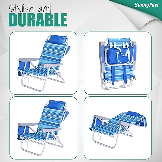 SUNNYFEEL Beach Chairs for Adults 2 Pack 5 Position Lay Flat, Portable Folding Backpack Beach Chair Heavy Duty with Cooler Bag, Cup Holder for Outdoor/Lawn/Picnic, Foldable Camping Chair