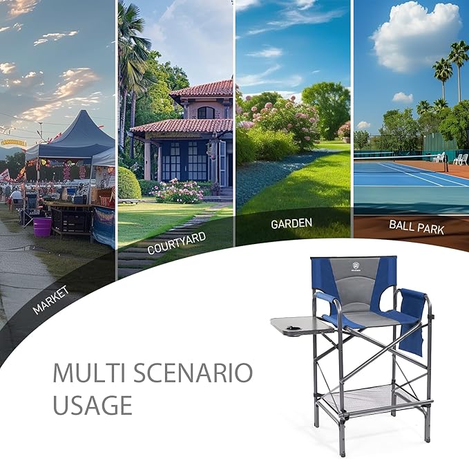 EVER ADVANCED Tall Folding Chair 30.7" Seat Height Directors Chair High Foldable Bar Stool for Makeup Artist Face Painting with Side Table Cup Holder and Storage Pocket Supports 350LBS (Blue/Grey)