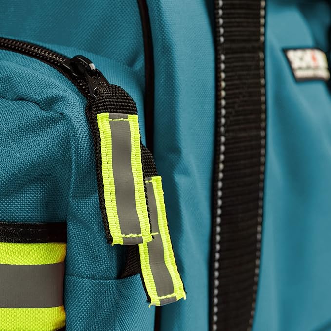 Scherber First Responder Fully-Stocked Large Professional Essentials EMT/EMS Trauma Kit | HSA/FSA Approved | Reflective Bag w/8 Zippered Pockets & Compartments & 250 First Aid Supplies (Blue)