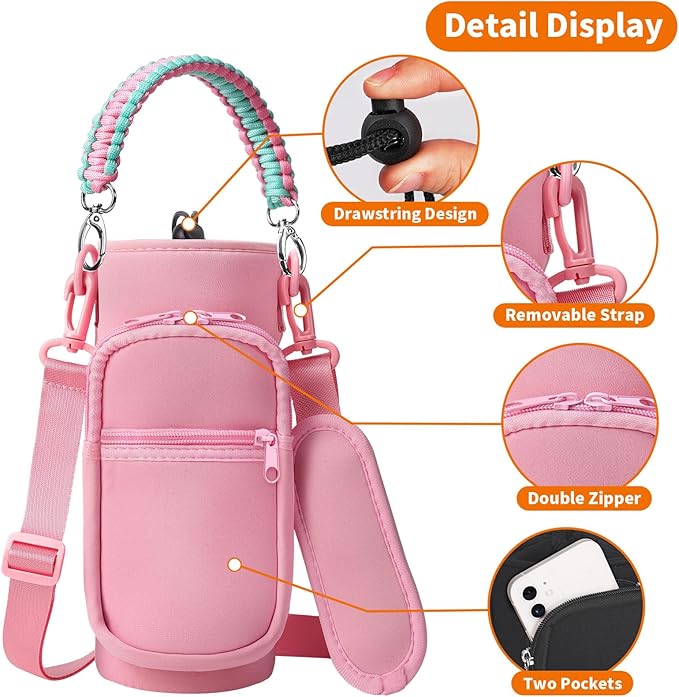32/40/64/128 oz Neoprene Insulated Water Bottle Carrier Bag, Sling Bag Sleeve Pouch Holder with Strap & Paracord Handle and 2 Pocket for Travelling, Hiking, Camping