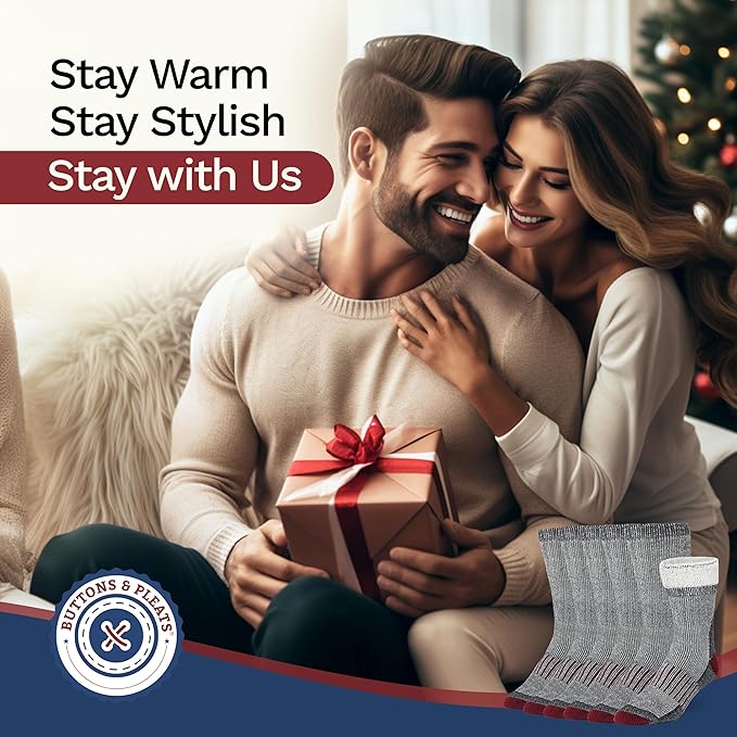 Buttons & Pleats Wool Socks for Men & Women Merino Thermal Warm Cozy Winter Boot Sock