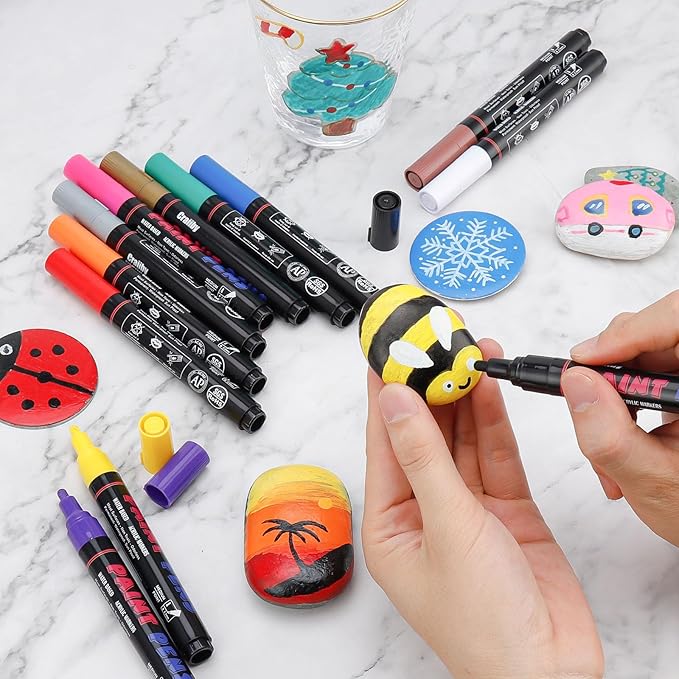 Black Paint Pens Paint Markers - 12 Pack Permanent Quick Dry Waterproof Marker Pens for Rocks Wood Fabric Plastic Canvas Glass Mugs Metal Tire Stone