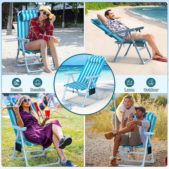 Suteck Backpack Beach Chairs for Adults 2 Pack, 6-Position Folding Reclining Chair with Cooler Bag & Cup Holder, Lightweight Portable Beach Chair for Camping, Outdoor, Sand, Travel Use