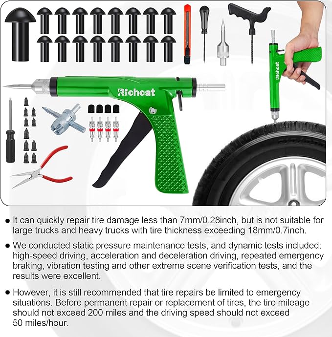 Richcat Tubeless Tire Puncture Repair Kit with Mushroom Plug, Repairs punctures and Flat Tires for Motorcycles, Cars, Trucks, ATVs,Gun Puncture Repair Kit