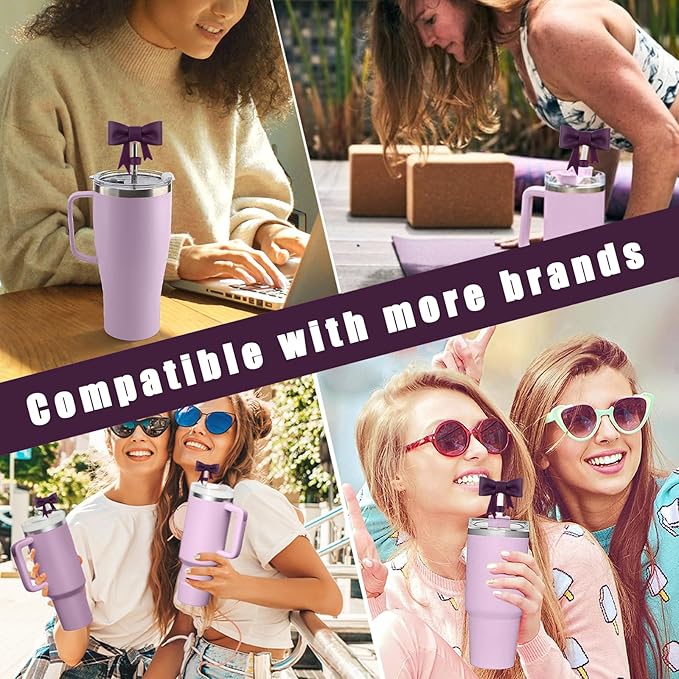 4Pcs Silicone Straw Toppers Covers for Stanley Cups 40/30oz 10mm(0.4in) Dust-Proof Bow Straw Covers Toppers Suitbale for Stanley Cup Accessories Reusable Straws Caps (Dark Purple)