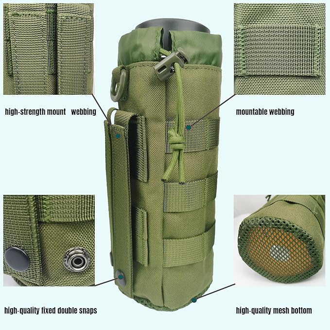 Tactical MOLLE Water Bottle Holder, Upgraded Water Bottle Pouch with Drawstring Open Top & Mesh Bottom, 16/24/25/32oz Water Bottle Carrier Bag with D-Ring Hook for Backpack