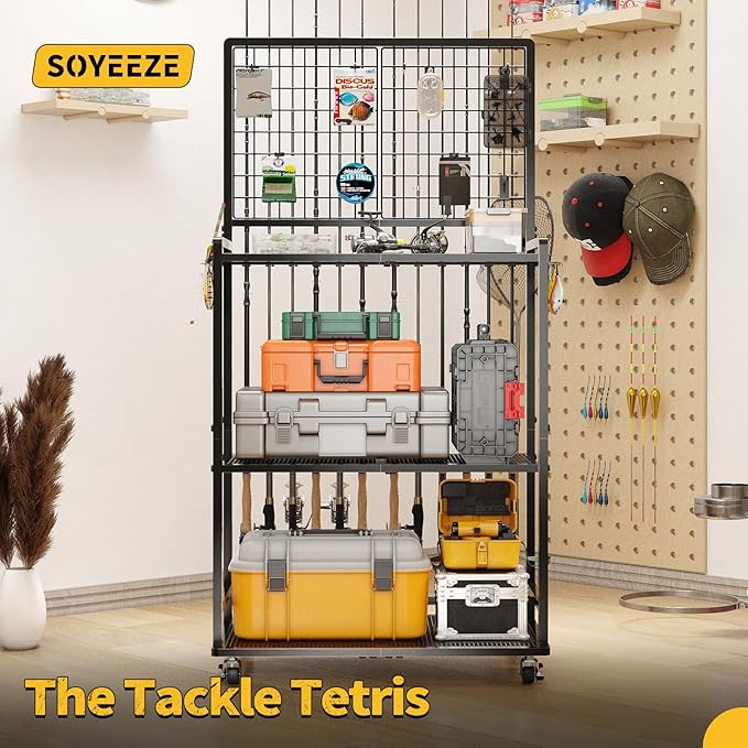SOYEEZE Large Size Fishing Rod Holders for Garage, Heavy Duty 3-Tier Fishing Pole Rack with Pegboard and Hooks, Fishing Gear Organizer Up to 12 Rods, Rolling Fishing Storage Cart with Lockable Wheels
