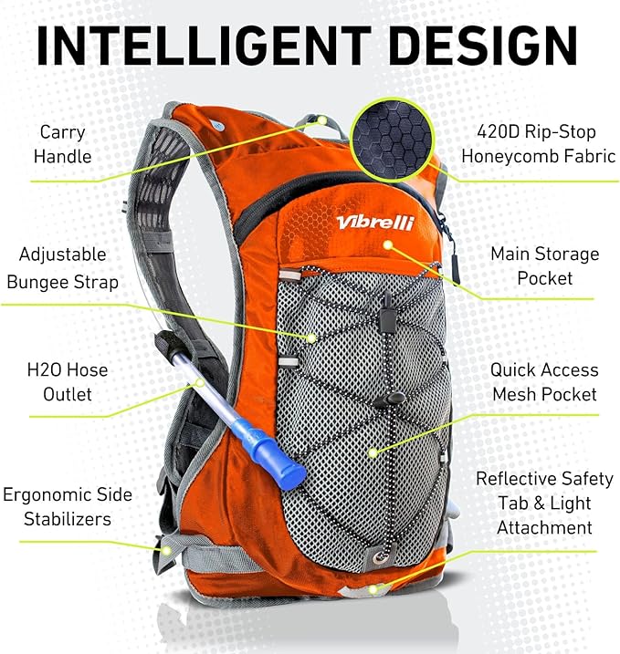 Vibrelli Hydration Backpack & 2L Hydration Bladder - High Flow Bite Valve - Hydration Pack for Cycling, Running, Hiking