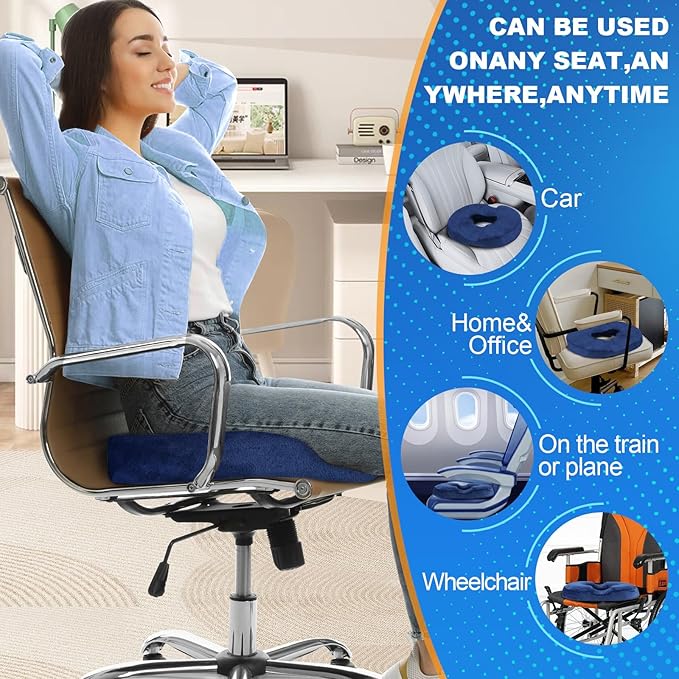 Donut Cushion Memory Foam Hemorrhoids Cushion for Postpartum & Coccyx & Tailbone Pain Pressure Relief for Office Chair, Wheelchair, Office, Car Seat (Blue)