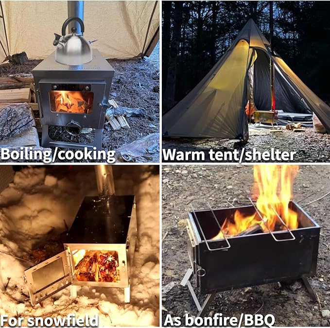 DANCHEL OUTDOOR S6/SSG Portable Folding Hot Tent Camping Stove, 304 Stainless Steel Small Tent Wood Stove with 7.2ft Pipe for Winter Survival,Cooking, Backpacking